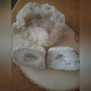 Natural Quartz White Crystal Geodes Lot Of 3 Cut Polished Cleaned Super Sparkly